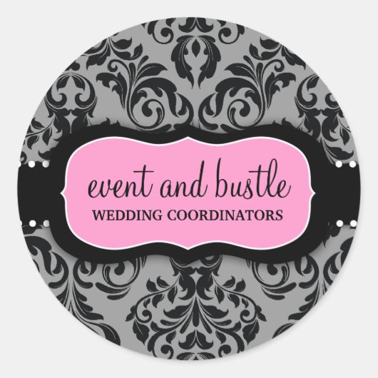 311-Event & Bustle | Karkohle Rosa Damask Runder Aufkleber (Vorderseite)