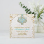 311 Glitzy Vintag Blue Chandelier Metallic Einladung (Stehend Vorderseite)