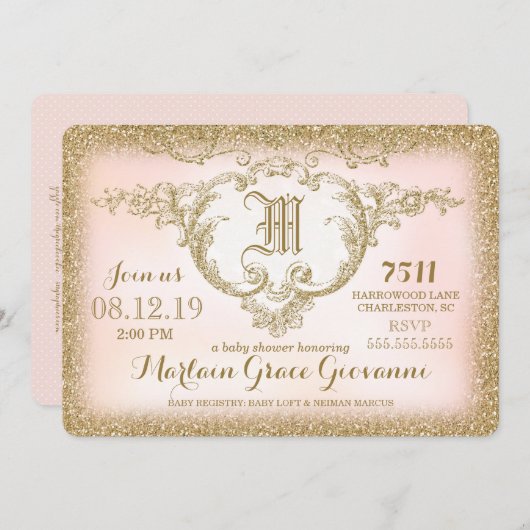 311 Gold Glitzer Monogram Babydusche Einladung (Vorne/Hinten)