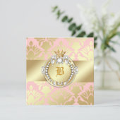 311 goldene Damast-Schimmer-Königin-Babyparty Einladung (Stehend Vorderseite)