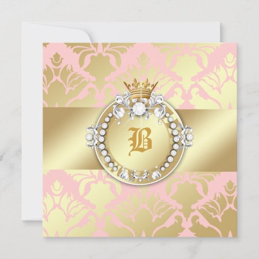 311 goldene Damast-Schimmer-Königin-Babyparty Einladung (Vorderseite)