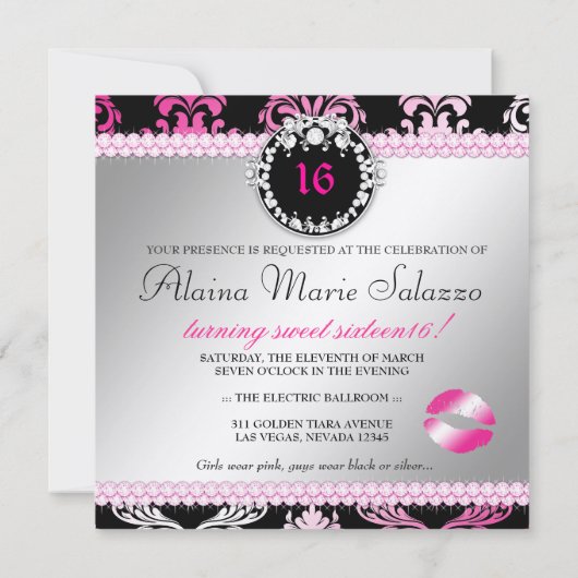 311 Haute Heart Hot Pink Lips Damask Metallic Einladung (Rückseite)