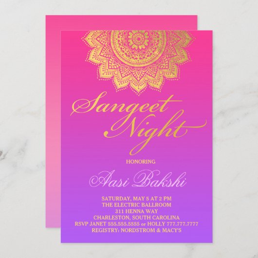 311 Henna Sangeet NiPink Lila Ombre Einladung (Vorne/Hinten)