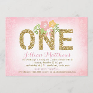 311 Imitat-GoldGlitzer ein erster Geburtstag Einladung