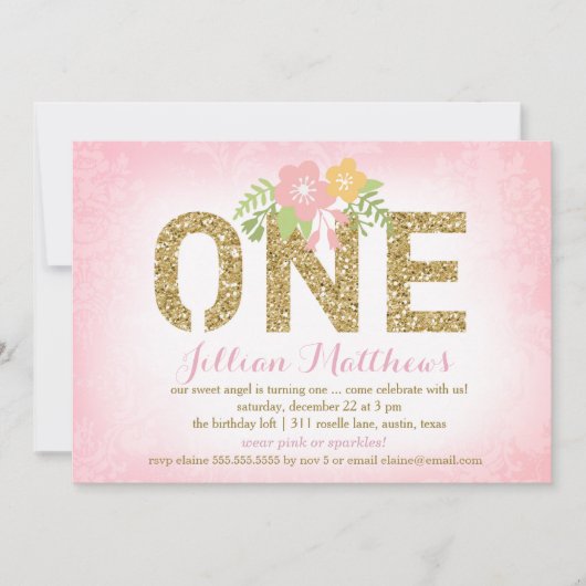 311 Imitats Gold Glitzer Eins Geburtstag Einladung (Vorderseite)