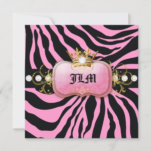 311-Lavish Pink Crown Zebra 16 . Geburtstag Einladung (Vorderseite)