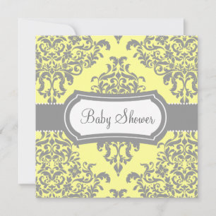 311 Lovey Dovey Damast Baby Shower Gelb Grau Einladung