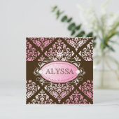 311-Luxuriös rosa N Braun Damask Sweet 16 Einladung (Stehend Vorderseite)