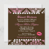 311-Luxuriös rosa N Braun Damask Sweet 16 Einladung (Rückseite)