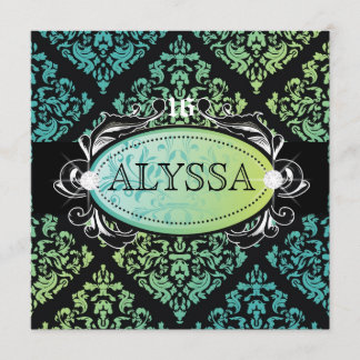 311-Luxuriös Türkis n' Limon Damask Sweet 16 Einladung