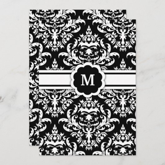 311-Marissa Monogramm Damask Black Einladung (Vorne/Hinten)