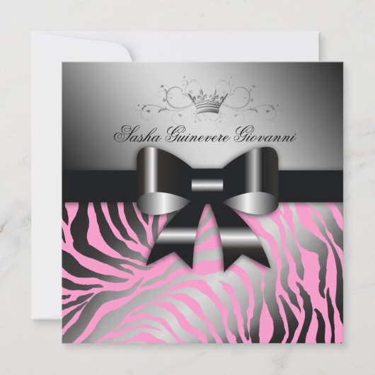 311-Night Zebra Shimmer Black Bow Pink| Süß 16 Einladung (Vorderseite)