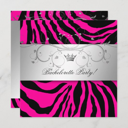 311-Silver göttlicher Hott Pink Zebra Bachelorette Einladung (Vorne/Hinten)