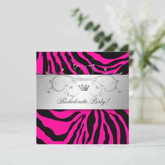 311-Silver göttlicher Hott Pink Zebra Bachelorette Einladung (Stehend Vorderseite)