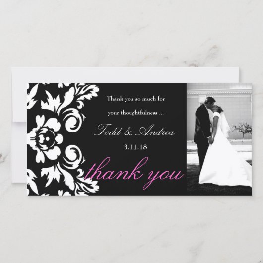 311-White Damask Wedding Danke Foto Card (Vorderseite)