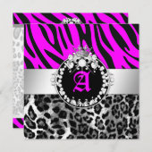 311 Zebra-LeoTique Diamonds Kisses Neon Pink Einladung (Vorne/Hinten)