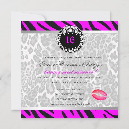 311 Zebra-LeoTique Diamonds Kisses Neon Pink Einladung (Rückseite)