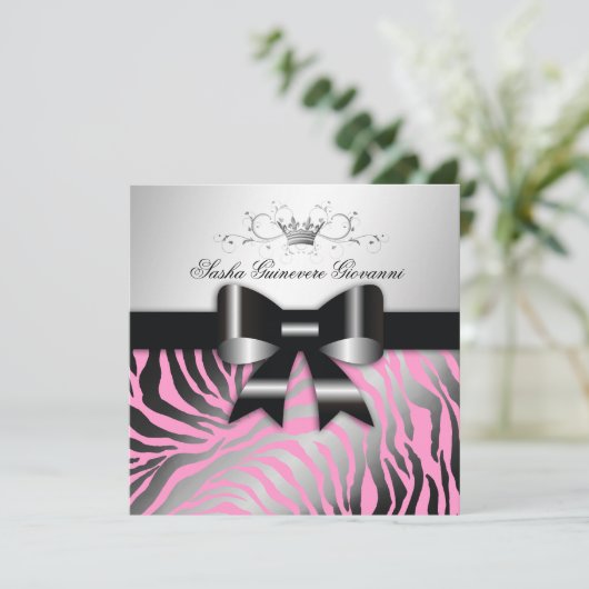 311-Zebra Shimmer Schwarzer Bow Rosa| Süß 16 Einladung (Stehend Vorderseite)