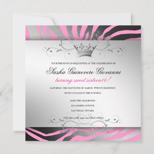 311-Zebra Shimmer Schwarzer Bow Rosa| Süß 16 Einladung (Rückseite)