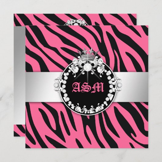 311-Zebra-Tique Diamonds n' Kisses Sweet 16 Rosa 2 Einladung (Vorne/Hinten)