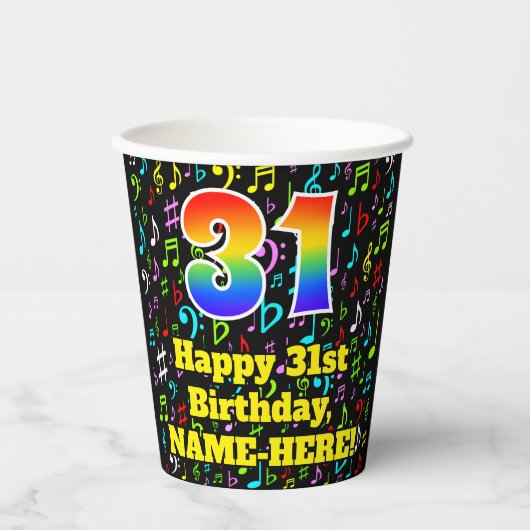 31. Geburtstag: Fun Musiknotens Pattern, Regenboge Pappbecher (Vorderseite)