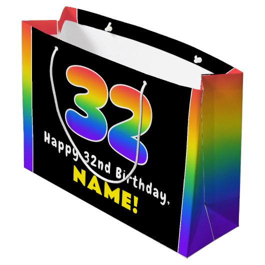 32. Geburtstag: Farbiger Regenbogen # 32, Individu Große Geschenktüte (Rückseite Schrägansicht)