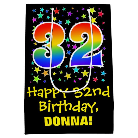 32. Geburtstag: Farbiges Sternenmuster & Regenboge Mittlere Geschenktüte (Rückseite)