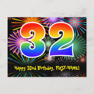 32. Geburtstag - Fun Fireworks Pattern + Rainbow 3 Postkarte