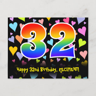 32. Geburtstag: Fun Hearts Pattern, Regenbogen 32 Postkarte