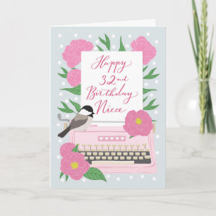 32. Geburtstag für Nichte Schreibmaschine Blumen Karte