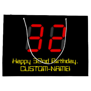 32. Geburtstag: Rote Digitaluhr-Art "32" + Name Große Geschenktüte