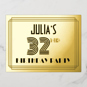 32. Geburtstagsparty ~ Art-Deco-Stil "32" + Name Folie Einladungspostkarte