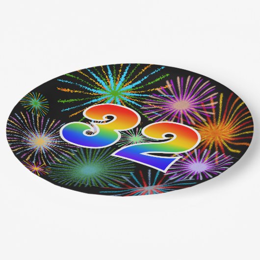 32. Veranstaltung - Spaß, farbenfroh, kühl, Regenb Pappteller (Schrägansicht)