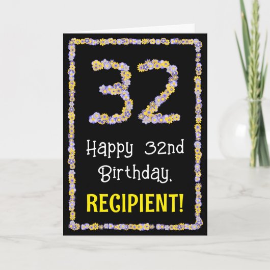 32nd Birthday: Floral Flowers Number, Custom Name Karte (Vorderseite)