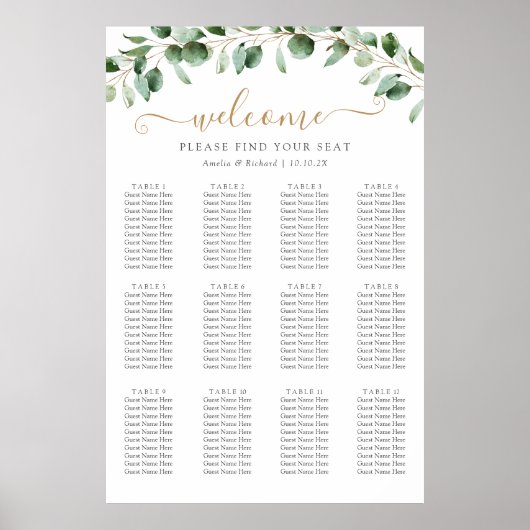 32x48 Eukalyptus Greenery Wedding Seating Chart Poster (Vorne)