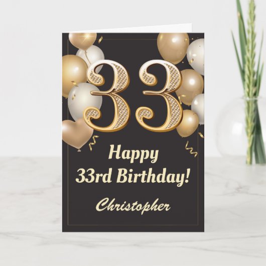 33. Geburtstag Black and Gold Balloons Confetti Karte (Vorderseite)