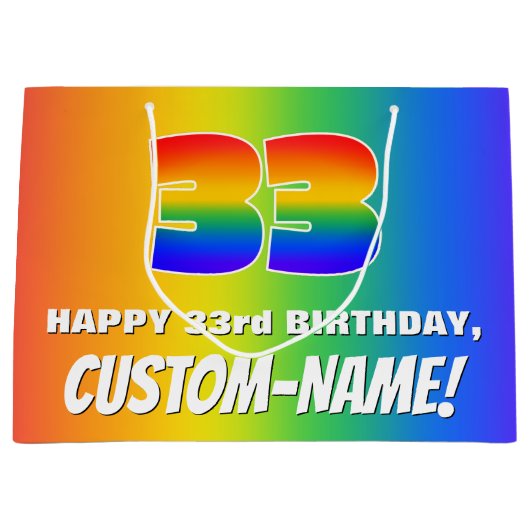 33. Geburtstag: Farbiges, lustiges Regenbogenmuste Große Geschenktüte (Vorderseite)