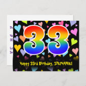 33. Geburtstag: Fun Hearts Pattern, Regenbogen 33 Postkarte (Vorne/Hinten)