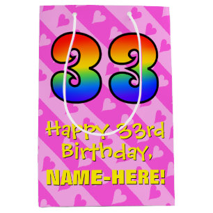 33. Geburtstag: Fun Pink Hearts Streifen; Regenbog Mittlere Geschenktüte