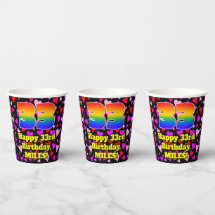 33. Geburtstag: Loving Hearts Pattern, Rainbow 33 Pappbecher
