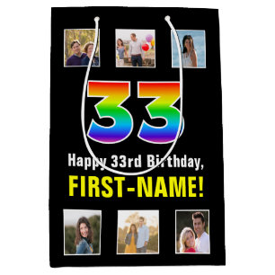 33. Geburtstag: Regenbogen "33", benutzerdefiniert Mittlere Geschenktüte