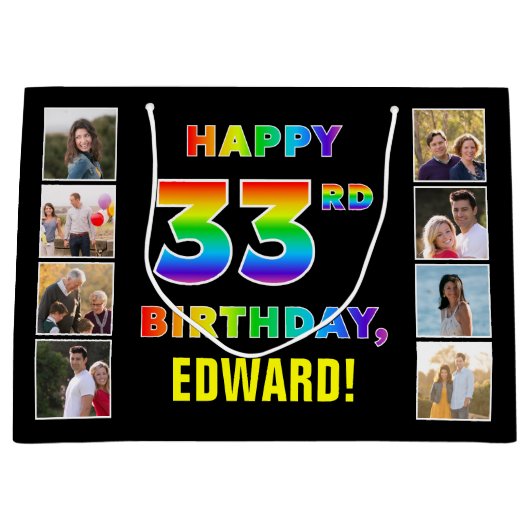 33. Geburtstag: Regenbogentext, benutzerdefinierte Große Geschenktüte (Vorderseite)