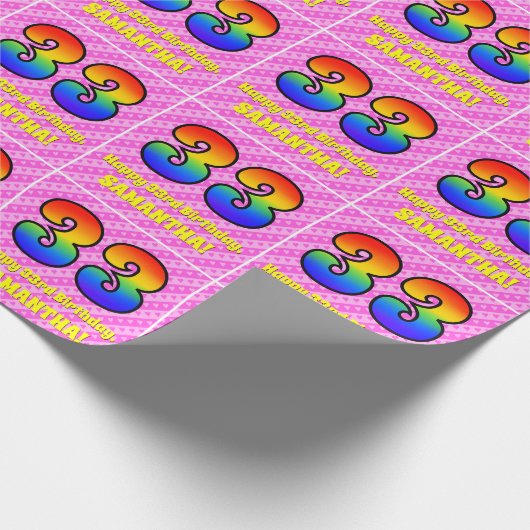 33. Geburtstag: Rosa Streifen & Herz, Regenbogen # Geschenkpapier (Ecke)