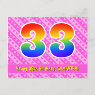 33. Geburtstag: Rosa Streifen & Herzen, Regenbogen Postkarte