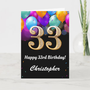 33. Geburtstag Schwarz und Gold farbige Ballons Karte