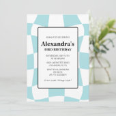 33. Geburtstagseinladung Retro Checkered Blue Einladung (Stehend Vorderseite)