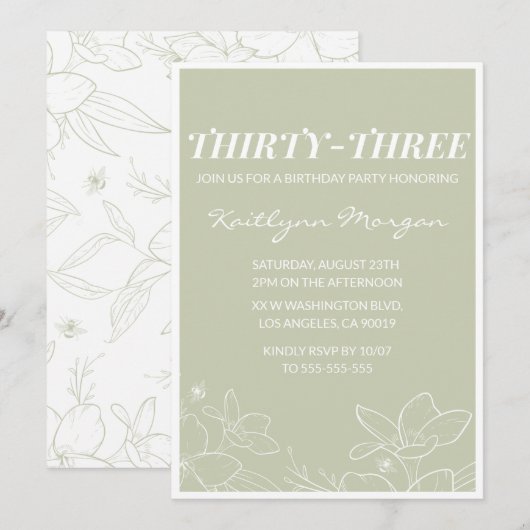 33. Geburtstagsfeier Einladung Modernes Blumeneleg (Vorne/Hinten)