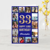 33. Happy Birthday Navy Blue & Gold Foto Collage Karte (Gelbe Blume)