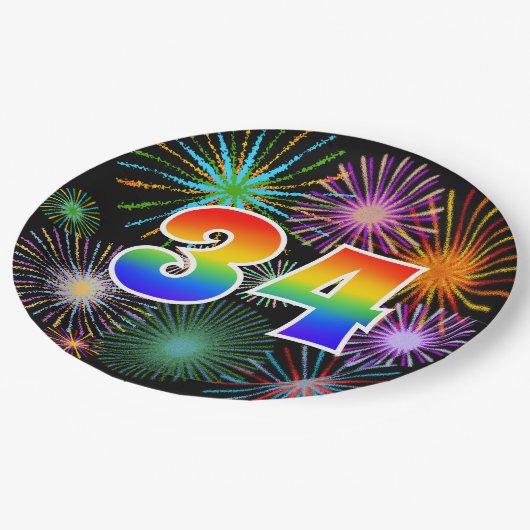 34. Event - Spaß, farbenfroh, kühl, Regenbogen 34 Pappteller (Schrägansicht)