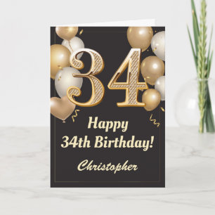 34. Geburtstag Black and Gold Balloons Confetti Karte
